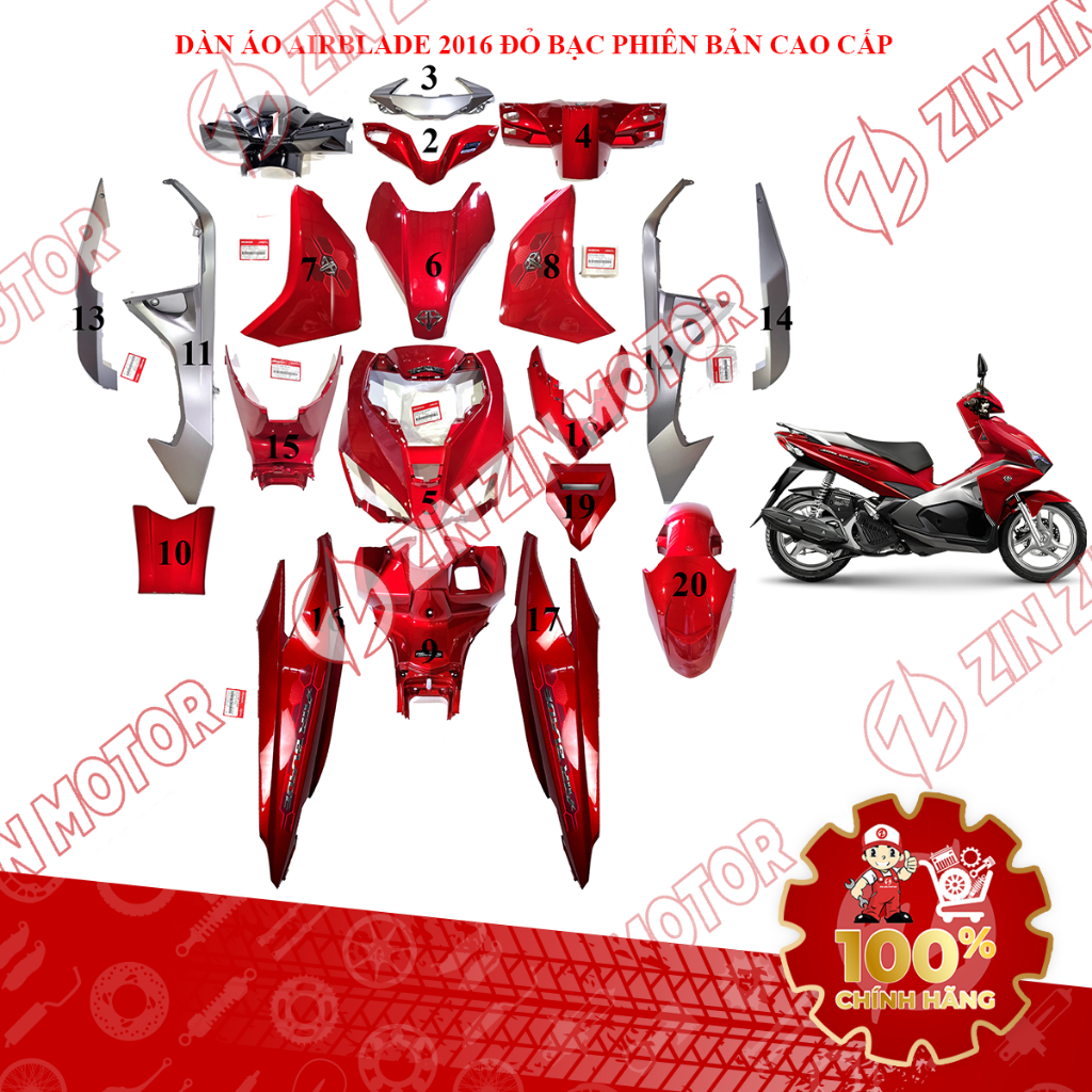 Dàn Áo AB 2016, Dàn Áo Xe Air Blade 125 2016 Đỏ Bạc Phiên Bản Cao Cấp Chính Hãng - ZZM