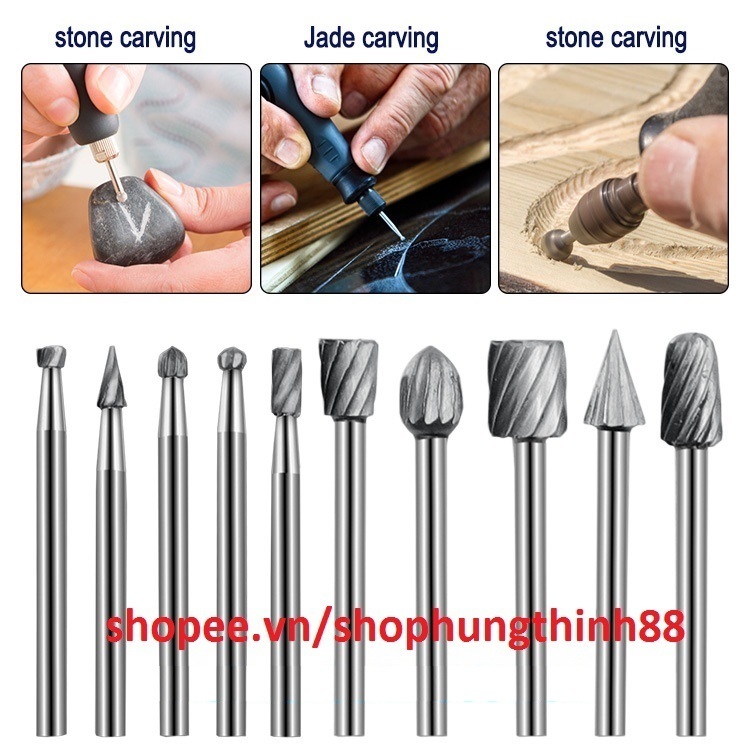 Bộ 10 Đầu Mũi Điêu Khắc Mài Gỗ Lũa-Cán 3mm