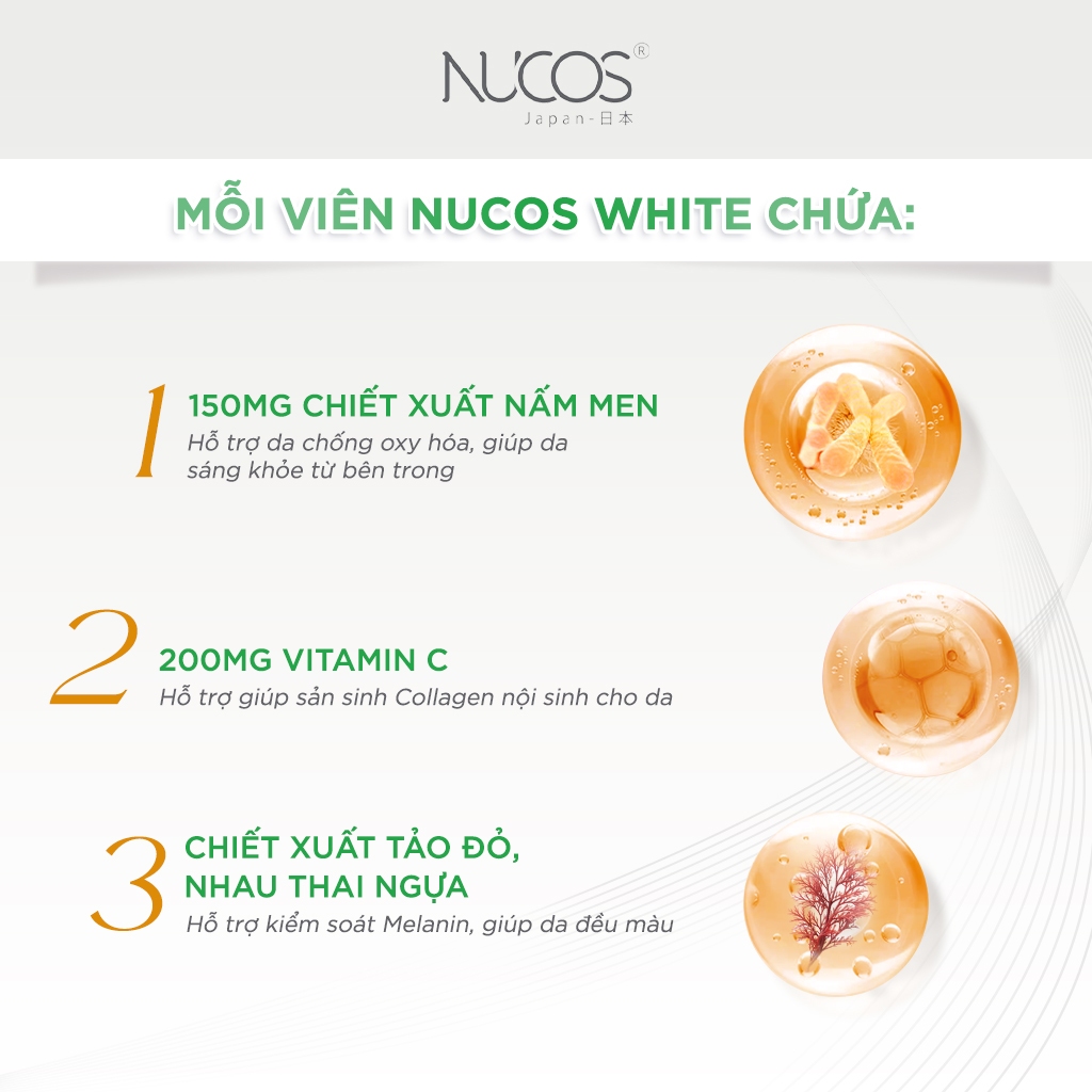 Viên uống trắng da NUCOS White hỗ trợ làm sáng, đều màu da, mờ thâm nám 60 viên/hộp