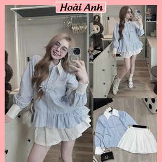 Set Bộ Đồ Nữ Áo Sơ Mi Kẻ Xanh Phối Cổ Trắng Đính Nhiều Nơ Nổi Bèo Gấu Điệu Mix Chân Váy Xếp Ly Có Quần Trong Freesize