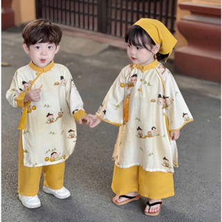 Kèm Quần Áo Dài Đôi Cho Bé Áo Dài Tết Cách Tân Truyền Thống Anh Em Màu Vàng May Mắn Vải Latin Cao Cấp Mềm Mịn Da Bé