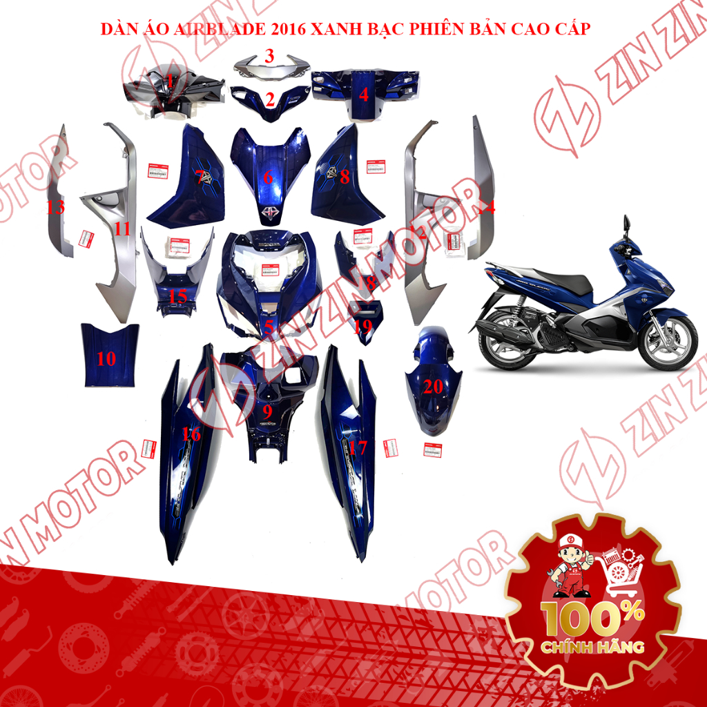 Dàn Áo AB 2016, Dàn Áo Xe Air Blade 125 2016 Xanh Bạc Phiên Bản Cao Cấp Chính Hãng - ZZM