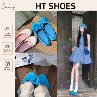 Giày ballet mũi tròn đính nơ màu sắc nổi bật đế bệt 1cm mềm dẻo dễ phối đồ giày có hai màu Fullbox