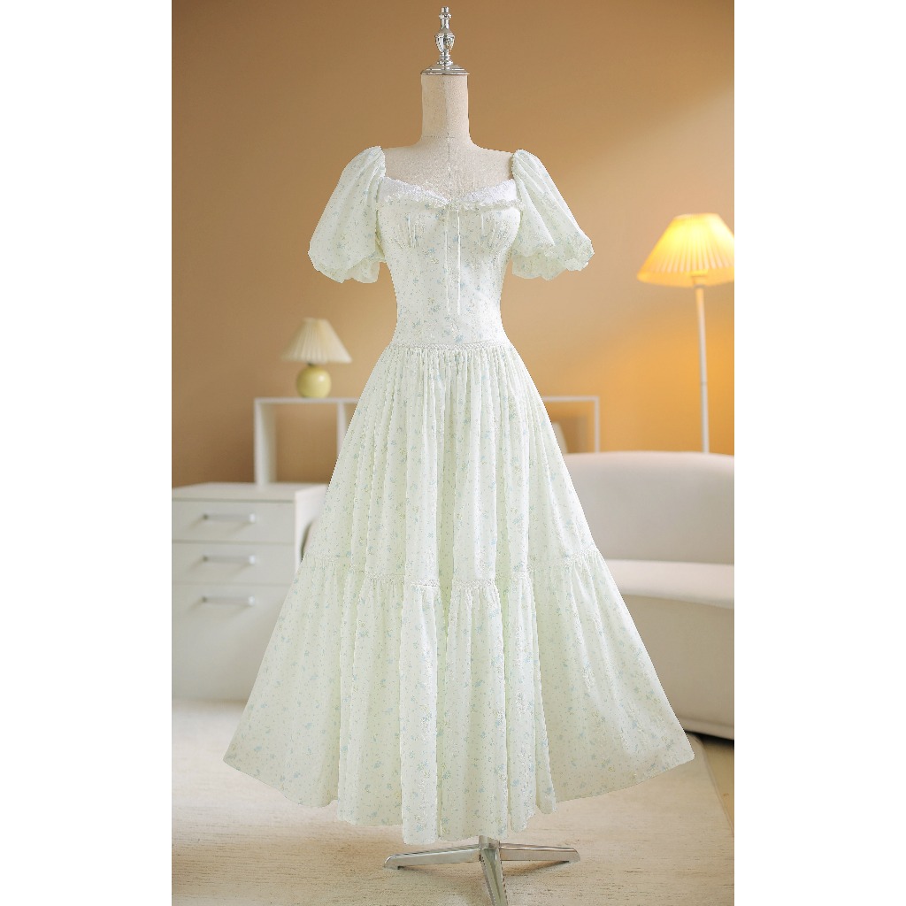 SÒ VINTAGE - FLORA váy hoa nhí in nổi, phối ren tay phồng cổ điển