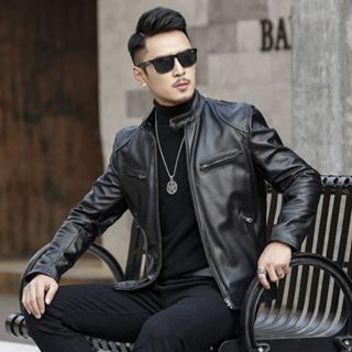 (Da bò thật, ảnh thật)Áo khoác da bò nam áo da bò thật kiểu ôm người cổ đứng  siêu bền siêu đẹp