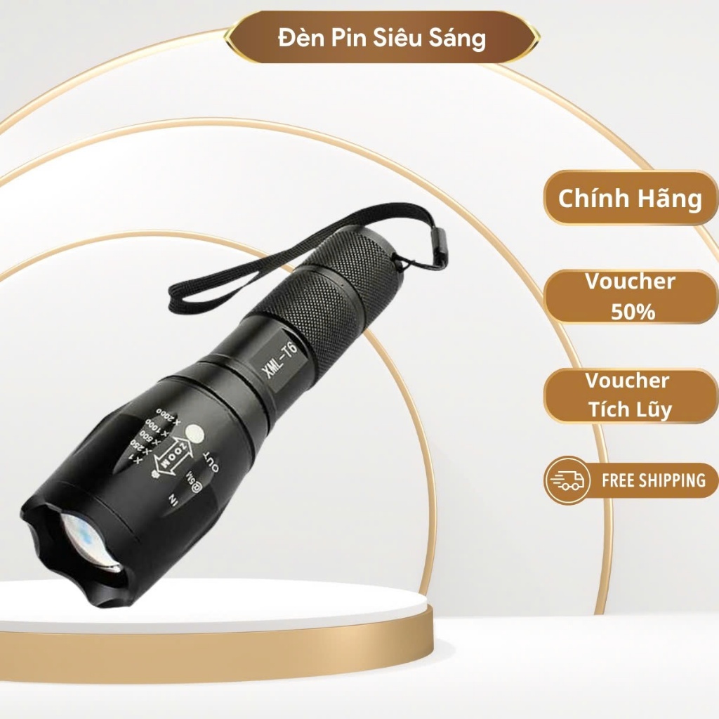 Đèn pin mini siêu sáng mini cầm tay, đèn led XML T6 full box hộp kèm pin và sạc vỏ kim loại chắc chắn, chống nước