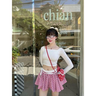 CLÉLIE Chân váy caro xòe nhún phối lưng trắng có lót trong bo chun TORO SKIRT