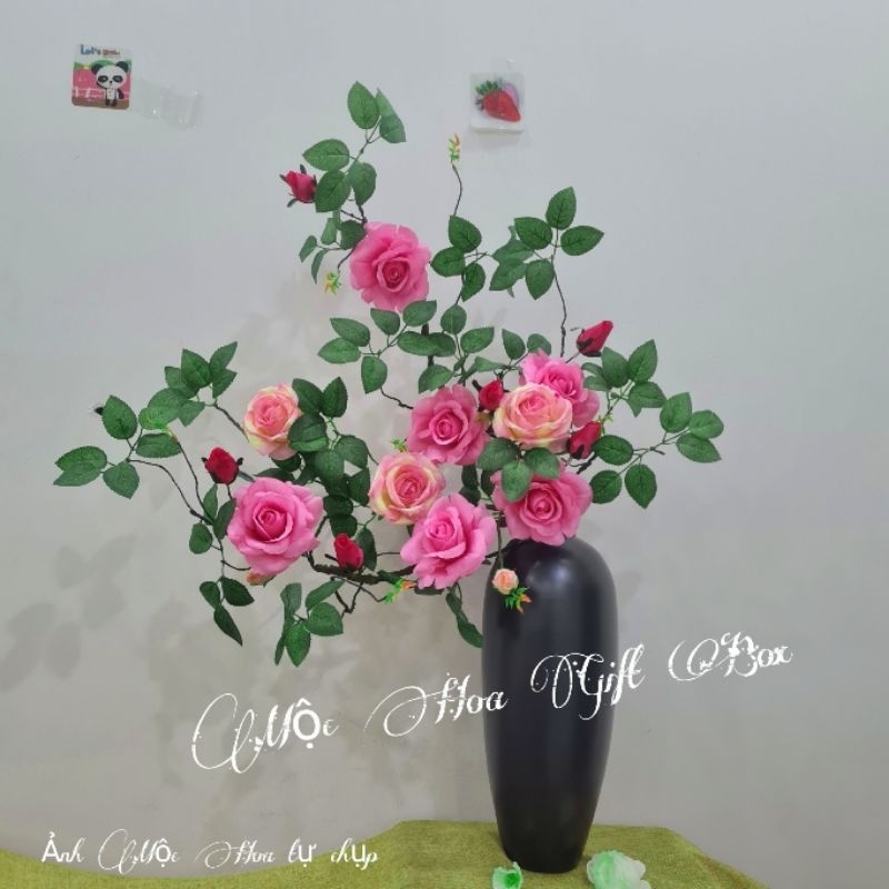 Cành hồng cổ, mẫu hoa nở bông to, thân sần như thật, hoa lụa nhập khẩu (Ảnh thật shop tự chụp)