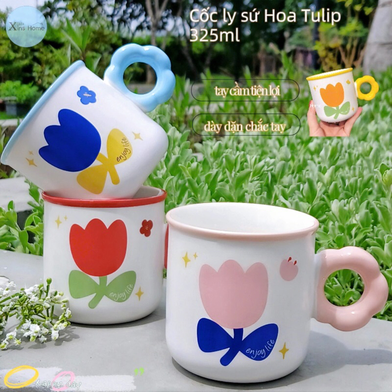 [Xins Home]Cốc ly sứ hoa TULIP🌷🌷🌷325ml /cốc ly Bông Hoa xinh xinh ly quà tặng