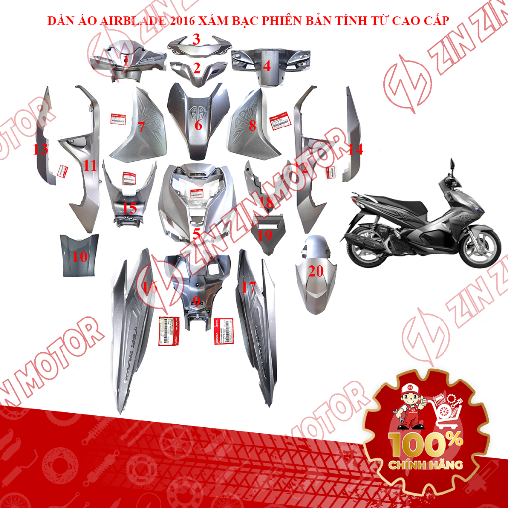 Dàn Áo AB 2016, Dàn Áo Xe Air Blade 125 2016 Xám Bạc Phiên Bản Sơn Từ Tính Chính Hãng - ZZM