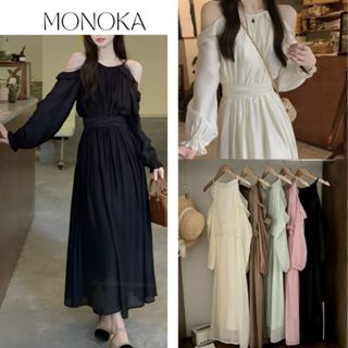 Váy tiểu thư maxi dự tiệc hở vai bèo cổ  yếm dáng xòe voan tơ 2 lớp Đầm nữ dáng dài tay bồng bánh bèo xinh T519G MONOKA