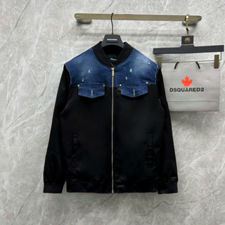 Áo khoác bomber gió nam Dsq2 phối vải bò wash xanh loang rách nắp ngực in vạch chữ lưng lót 2 lớp