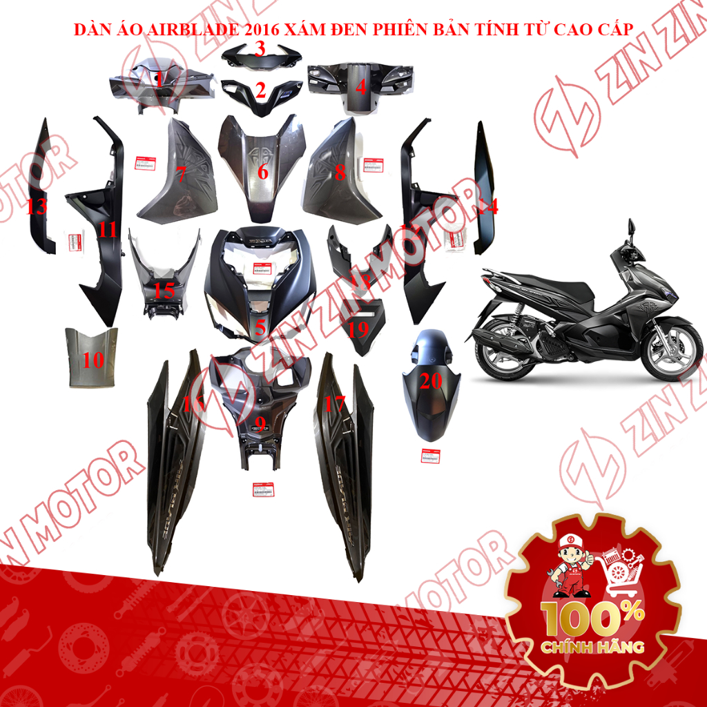 Dàn Áo AB 2016, Dàn Áo Xe Air Blade 125 2016 Xám Đen Phiên Bản Sơn Từ Tính Chính Hãng - ZZM