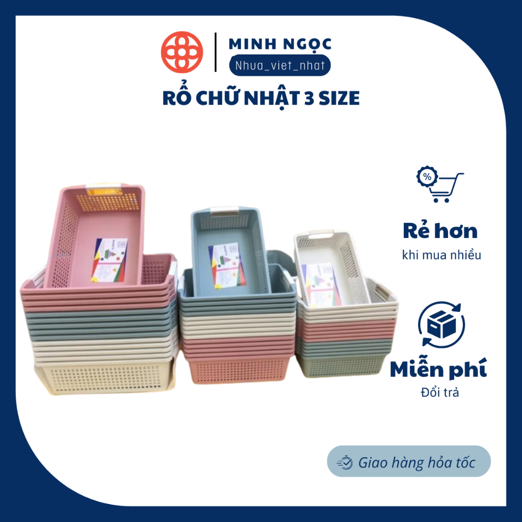 Rổ chữ nhật 3 size:3596-97-98 có quai cầm nhựa Việt Nhật, Khay chữ nhật đựng tài liệu, đồ dùng vp