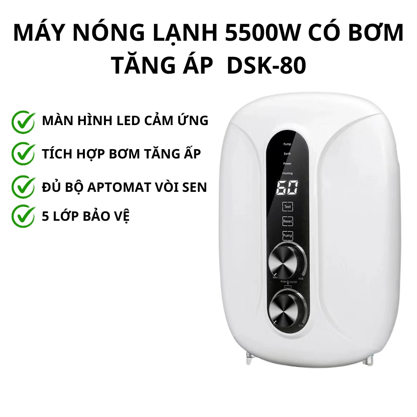 Máy nước nóng trực tiếp DSK-55, máy nóng lạnh có bơm tăng áp tích hop và vòi sen công suất 5500w có 2 núm chỉnh nhiệt độ