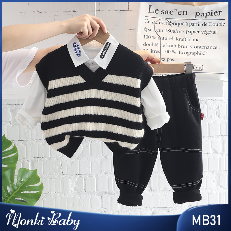 Bộ đồ bé trai 3 chi tiết mùa thu đông, áo gile len mix sơ mi trắng cùng quần nỉ, set quần áo len đẹp