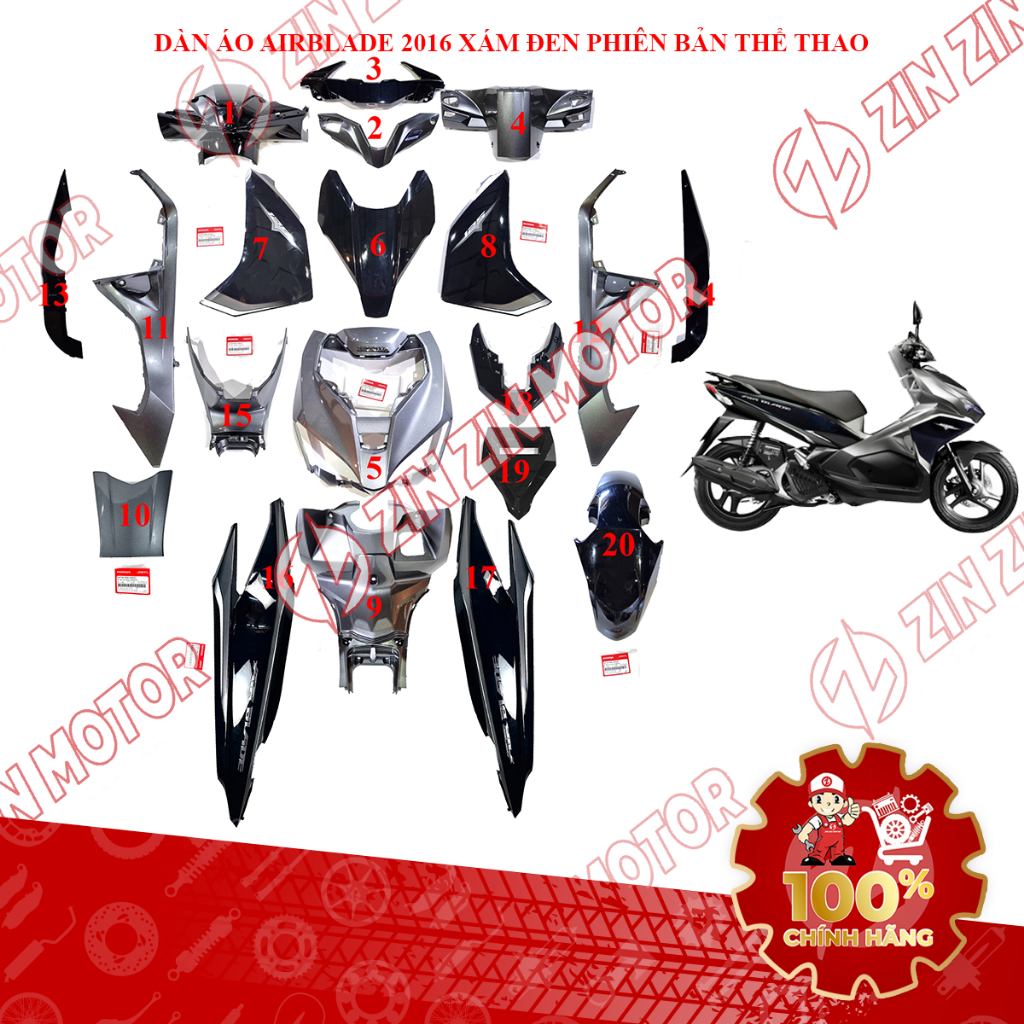 Dàn Áo AB 2016, Dàn Áo Xe Air Blade 125 2016 Xám Đen Phiên Bản Thể Thao Chính Hãng - ZZM