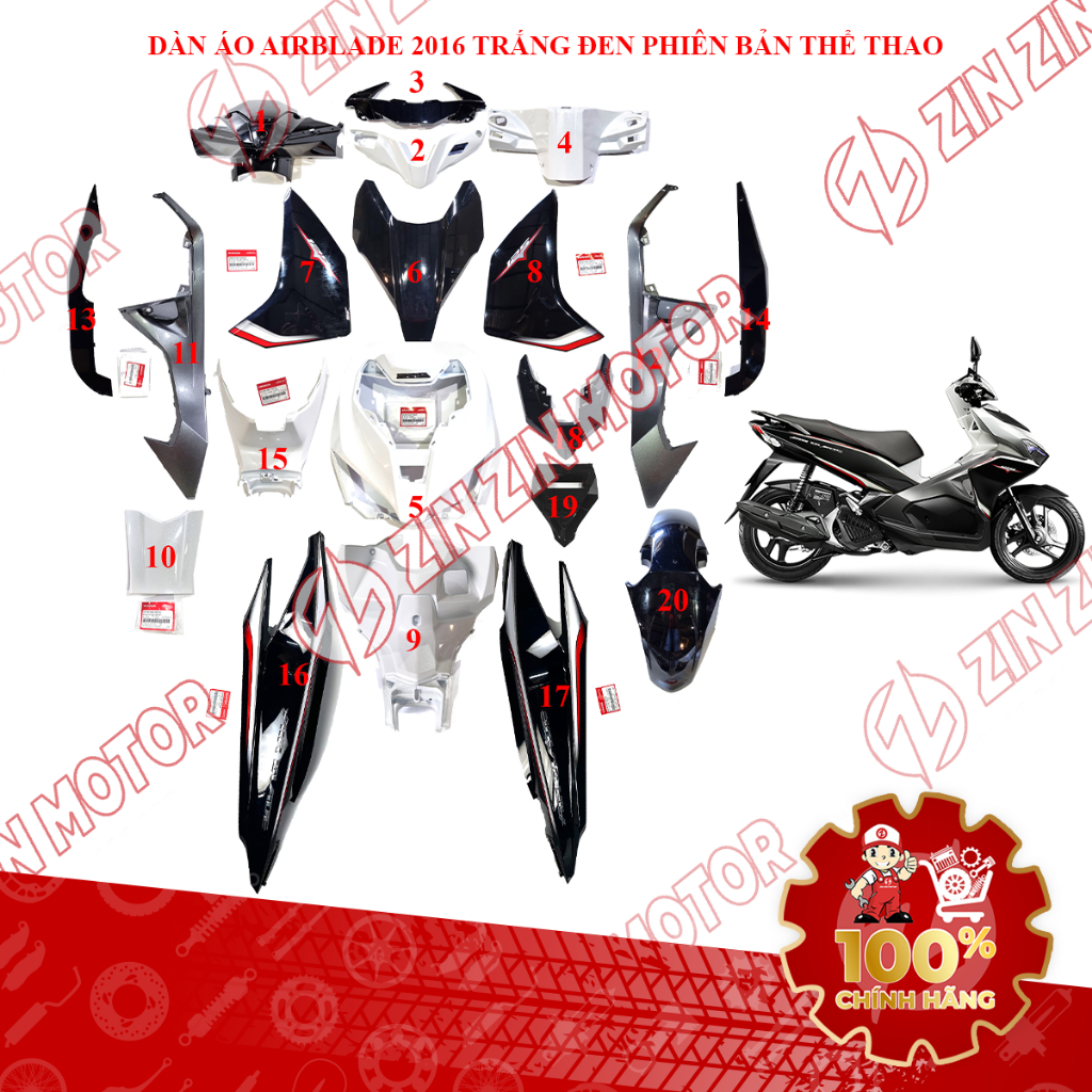 Dàn Áo AB 2016, Dàn Áo Xe Air Blade 125 2016 Trắng Đen Phiên Bản Thể Thao Chính Hãng - ZZM