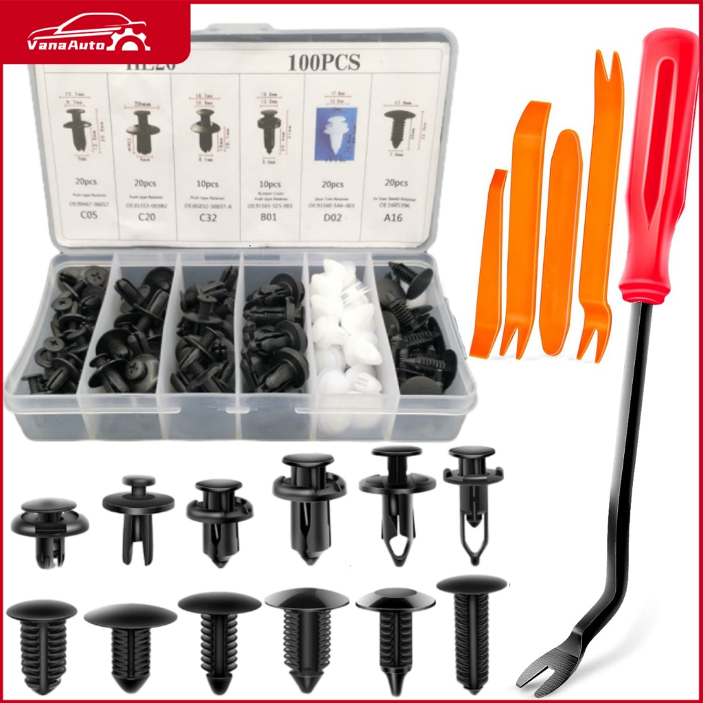 Bộ 100 Đinh Tán Chốt Vít Nở Bằng Nhựa Cố Định Các Bộ Phận Trên Xe Hơi Kèm Hộp Và Dụng Cụ
