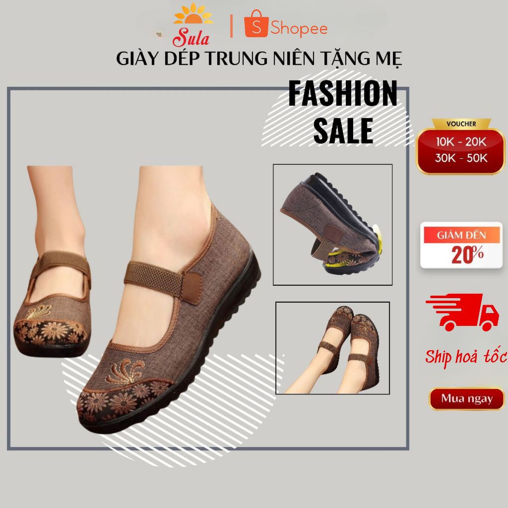 Giày người già, giày vải cao cấp chống trơn trượt đế cao su (103+113), giày vải bà SULA