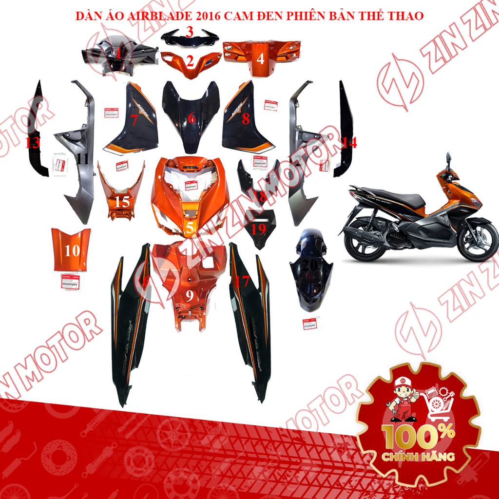 Dàn Áo AB 2016, Dàn Áo Xe Air Blade 125 2016 Cam Đen Phiên Bản Thể Thao Chính Hãng - ZZM