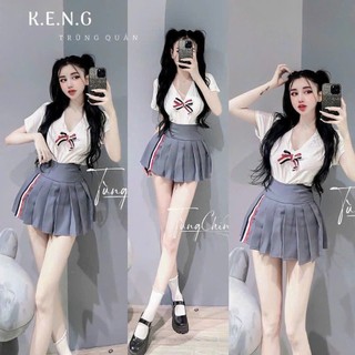 Set váy nữ hottrend, set áo thun trắng basic cổ v đính nơ mix chân váy xòe xếp ly màu xám phối viền năng động mtb