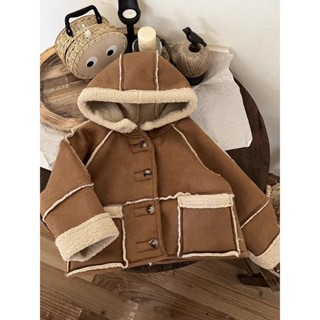 Áo khoác mùa đông trẻ em áo khoác da lộn lót lông cừu mặc được hai cực dày ấm cho bé trai bé gái