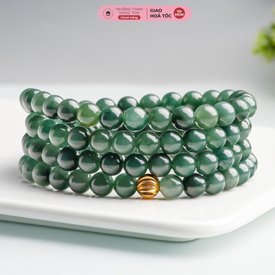 Chuỗi Vòng Tay Cẩm Thạch Type A Lam Ngọc Phong Thủy Quấn 3 Vòng Lõi Thun Lụa Co Giãn - Ngọc Trai Trường Thịnh