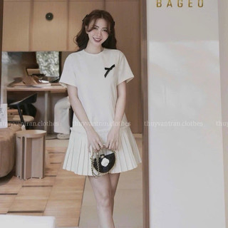 CHUẨN HÃNG mẫu mặc BAGEO Đầm suông tiểu thư phối nơ đen + chân váy xếp ly BAGEO – Thiết kế bánh bèo dễ thương, che dáng