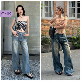 Quần jeans nữ lưng thấp CHICMONKI chi tiết line dọc, ống rộng (2 màu) - CMJ1686
