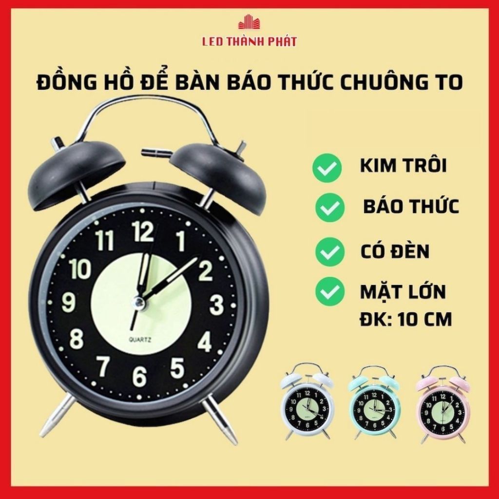 Đồng Hồ Để Bàn Báo Thức Twin Bell Kim Trôi Có Đèn, Tặng Kèm Pin
