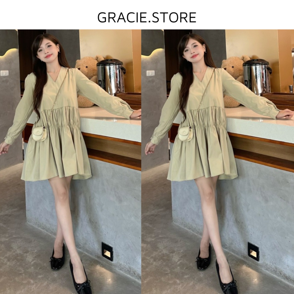 Váy Suông Nữ Dài Tay Dáng Babydoll Cổ V Chất Liệu Linen Mềm Mát, Đầm Dài Tay Dáng Xòe Ngắn Nữ Tính - Gracie.store - V230