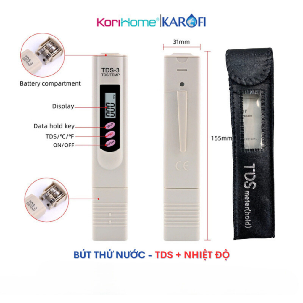 Bút đo TDS bao da có kèm đo nhiệt độ ổn định chính xác, bút đo chỉ số TDS, bút thử nước sạch