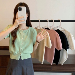 Áo dệt kim tay ngắn nữ kiểu cổ tròn dáng coptop, Áo cardigan tay bồng len mongtoghi hàng Quảng Châu