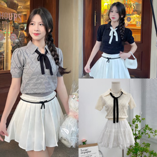 (Hàng QC) Áo Len Polo Croptop Phối Nơ Hoạ Tiết Quả Trám Nhiều Màu Siêu Xinh, Labibi