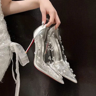 Giày Cưới Hottrend Sang Chảnh H.156- Giày mika đính đá Lót đế đỏ- Giày cao gót Bling gót 9p(chân dày to mập