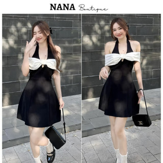 Váy đen dáng cổ yếm nơ trễ vai trắng cổ V, váy xinh dự tiệc Hàn Quốc sang trọng