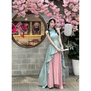 Set áo yếm lụa chân váy tơ xoè tag hoa cài tóc TKCC