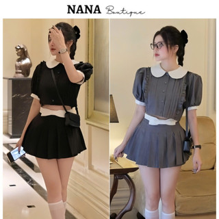 Set áo cổ sen viền bèo tay bồng dập ly và chân váy xếp ly cạp phối nơ, set bộ tiểu thư cực xinh