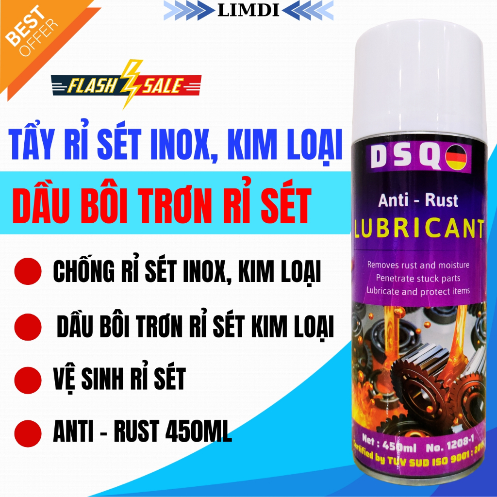 Tẩy Rỉ Sét - Dung Dịch Tẩy Rỉ Sét - Chai Xịt Chống Rỉ Sét Sên Xích, Bản Lề, Cánh Cửa, Ổ Khóa - Anti Rust - LIMIDI