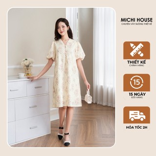 Đầm Suông Hoa MICHI House Váy Xuông Dự Tiệc Vintage Cổ V Dáng Dài Đến Gối Bigsize V748