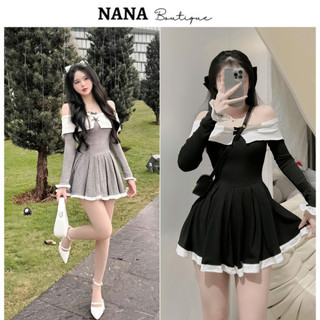 Váy trễ vai dài tay ôm người phối nơ dáng xòe viền bèo, váy xinh chất bo tăm bánh bèo