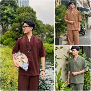 Đồ lam đi chùa nam thiền bigsize tay ngắn chất linen cao cấp, Pháp phục nam Thiên Di D42