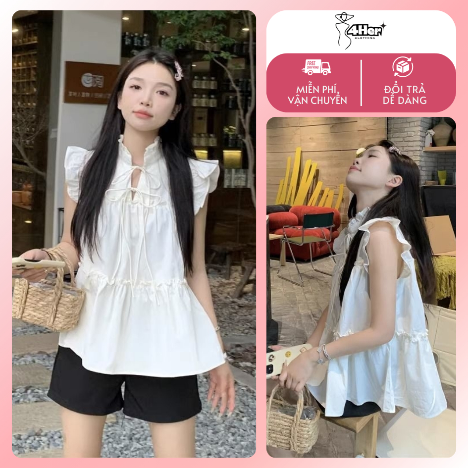 CÓ SẴN Áo sơ mi nữ cánh tiên cổ trụ phối viền bèo thắt nơ sát nách dáng babydoll tiểu thư sang chảnh