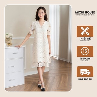 Đầm Suông MICHI House Váy Xuông Ren Hoa Dự Tiệc Công Sở Sang Trọng Cổ V Dài Đến Gối Bigsize V750