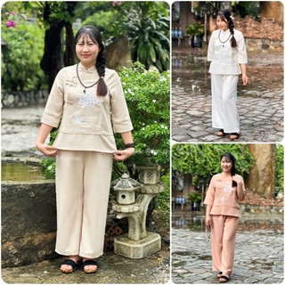 Đồ lam nữ đi chùa đẹp, Pháp phục lễ chùa nữ chất liệu linen cao cấp thêu sen Thiên Di D26