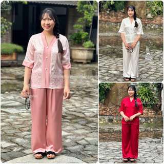 Pháp phục lễ chùa vải lụa phối gấm hoa mẫu đơn tay lỡ Thiên Đi đồ lam đi chùa cao cấp cho nữ D16