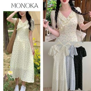  Váy hoa nhí maxi cộc tay bồng cổ bèo nhấn ngực mềm mai nữ tính dịu dàng Đầm nữ đi biển dáng dài tiểu thư T520G MONOKA 