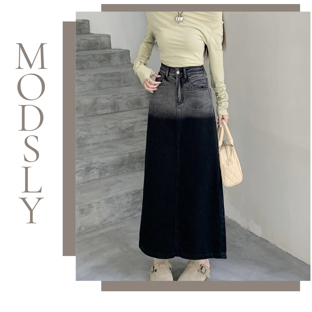 Chân váy jean dài Shop Jean cạp cao dáng dài CV039 chân váy bò kaki xẻ sau dài phong cách