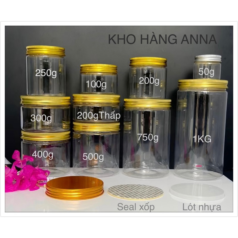 Hủ pet trong NẮP NHÔM VÀNG / nắp thiếc BẠC - Hộp đựng thực phẩm 1000g 500g 400g 200g 100g - Hủ kem